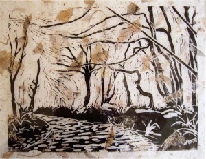 Helen Pakeman 'Windy Trees' linocut