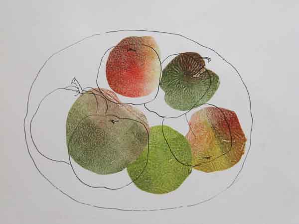 Helen Pakeman Monoprint - Bowl of apples and oranges