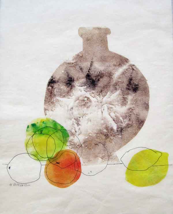 Helen Pakeman Monoprint Fruit with stone bottle